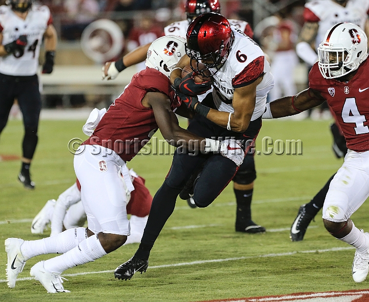 20180831SanDiegoatStanford-13.JPG - San Diego State wide receiver Tim Wilson Jr. (6) catches a third quarter pass for 21 yards during an NCAA football game against the Stanford Cardinal in Stanford, Calif. on Friday, August 31, 2017. Stanford defeated San Diego State 31-10. 